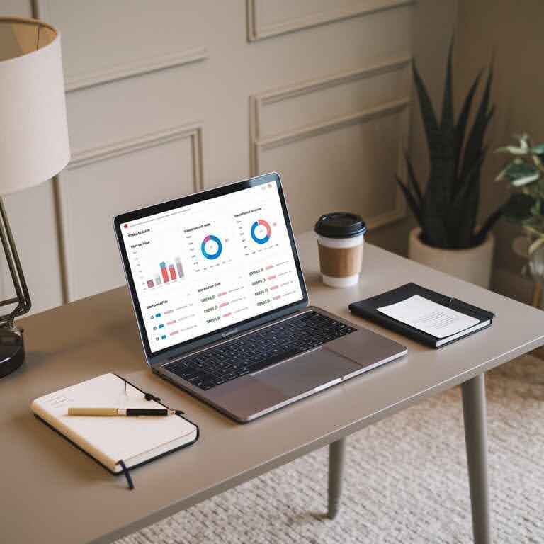 Desk with a laptop displaying SEO performance charts, symbolizing the process of monitoring and analyzing news SEO.