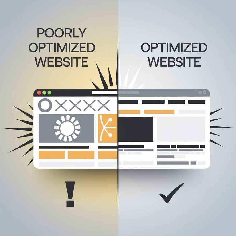 Comparison of a website with slow load times versus a fast-loading website due to image optimization