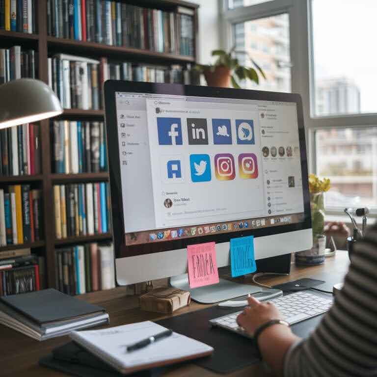 A person working at a desk with a computer displaying social media and SEO analytics, representing the setup of social SEO automation.