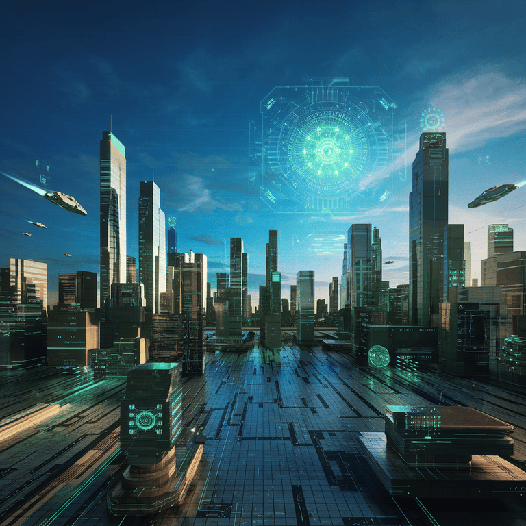 Futuristic city with digital elements representing the future of AI in podcast SEO.