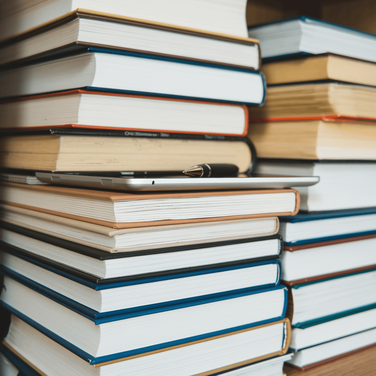 A stack of academic books with a digital tablet showing search results, representing the blend of traditional academia and digital SEO tools.