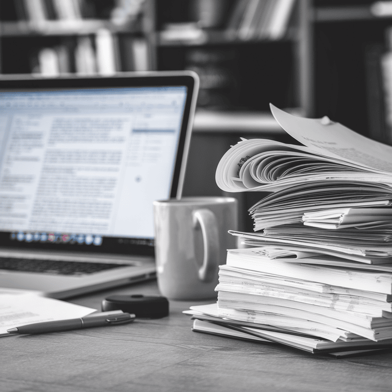 A stack of academic papers with a laptop showing SEO analytics, representing the blend of research and SEO strategies for academic content.