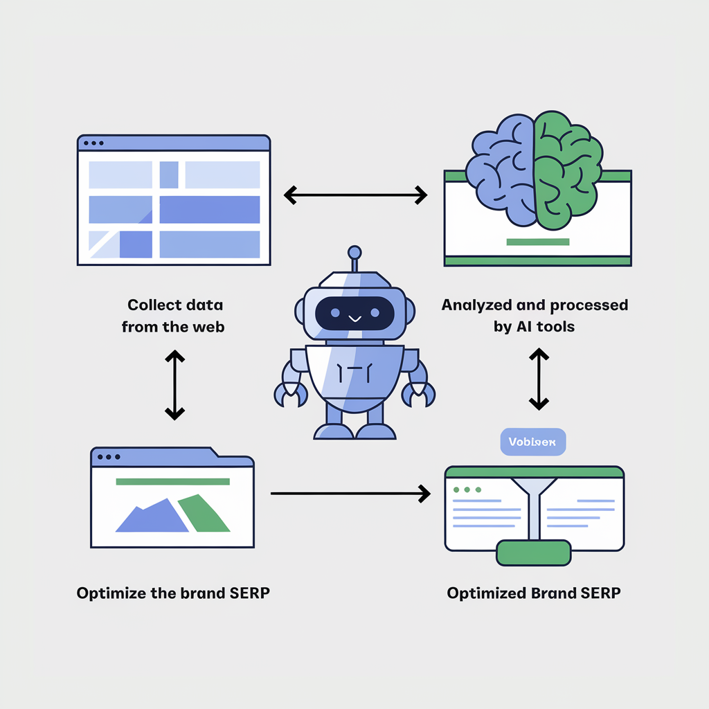 Flowchart showing AI tools processing data to optimize a Brand SERP with keywords, sentiment analysis, and content strategy.