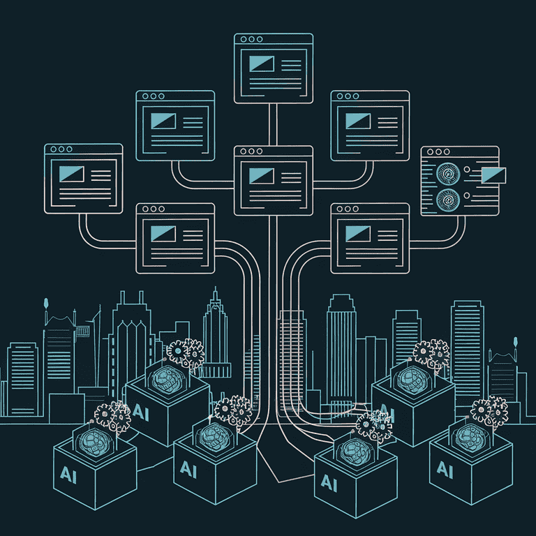 AI-powered analysis of website URL structure with interconnected nodes and data flow.