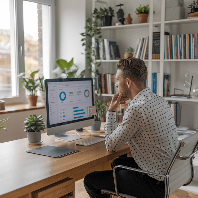 Business owner analyzing website performance data on a computer screen.