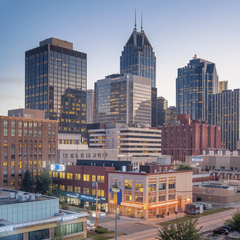 A city skyline with businesses showing growth and opportunity for small business owners.