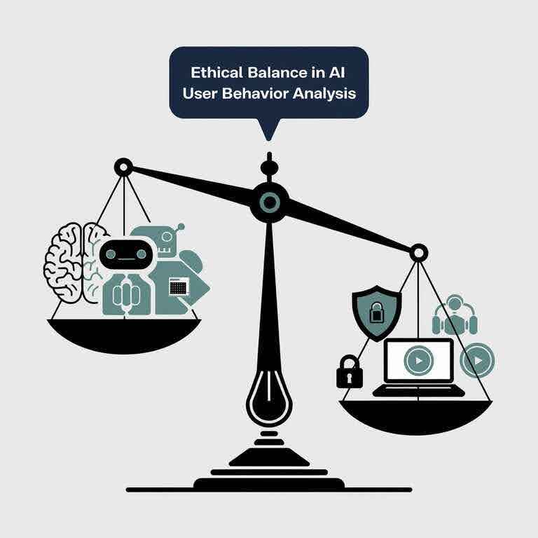 A balance scale showing the ethical considerations of AI user behavior analysis with privacy and security symbols.