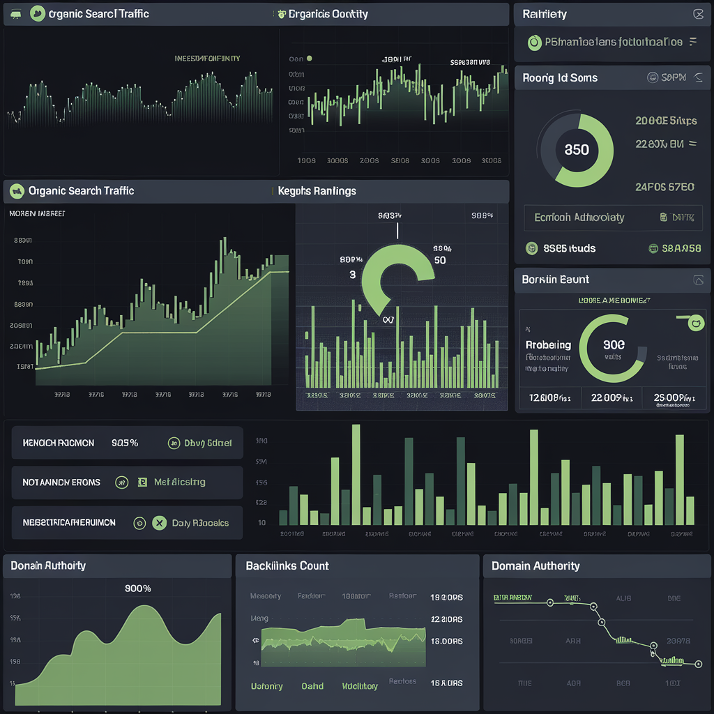 SEO performance dashboard showing key metrics like traffic, keyword rankings, and conversions