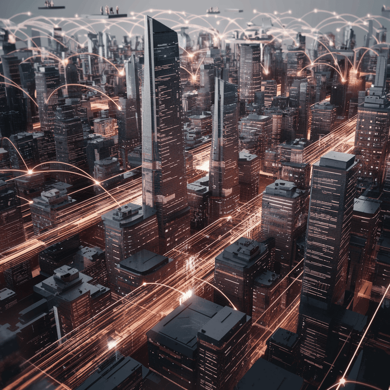 Futuristic cityscape with glowing data streams, representing the future of JavaScript SEO with AI.