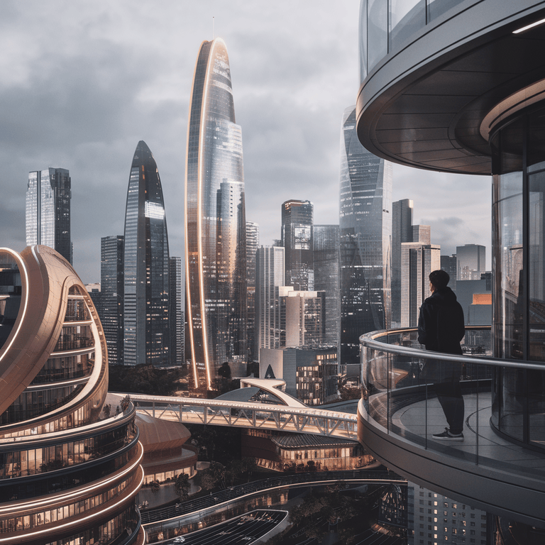 Person observing a futuristic city skyline with digital SEO and AI elements representing the future of SEO.