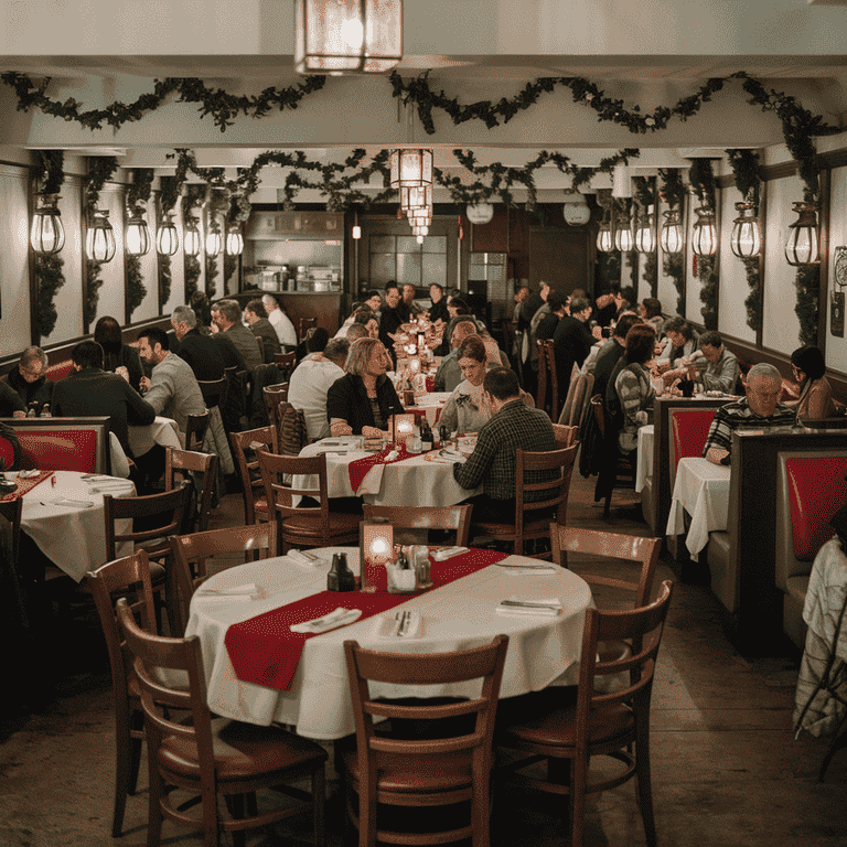 A busy restaurant with happy customers enjoying meals, representing the importance of local SEO for food service businesses.