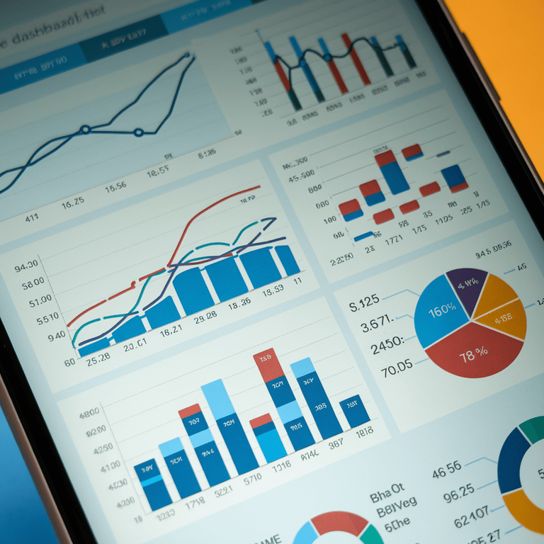 Mobile device showing a website with SEO performance charts