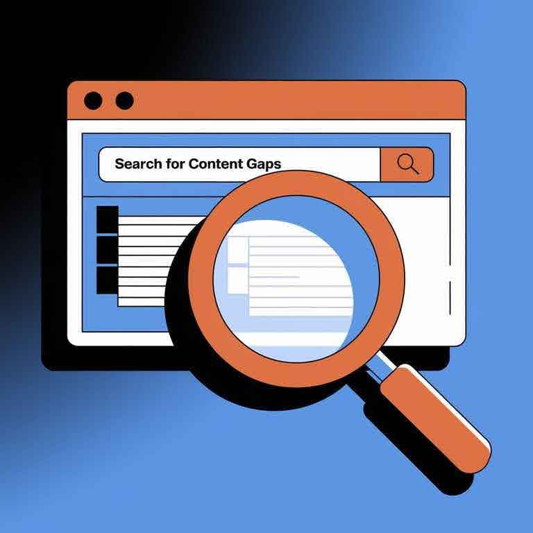 A magnifying glass focused on a website page, symbolizing content gap detection.