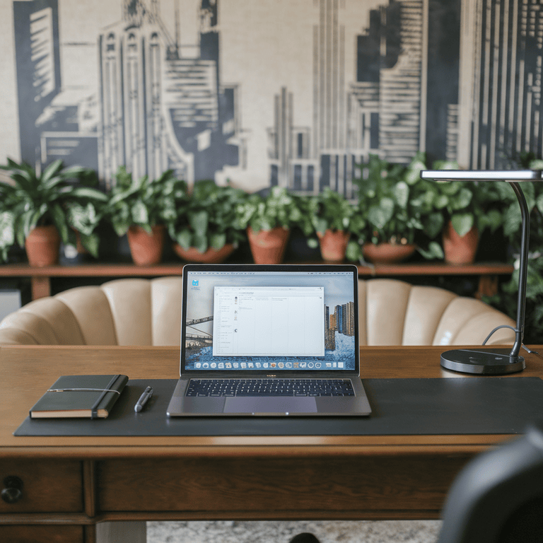 A modern workspace with a laptop and notebook, representing business strategy and planning.