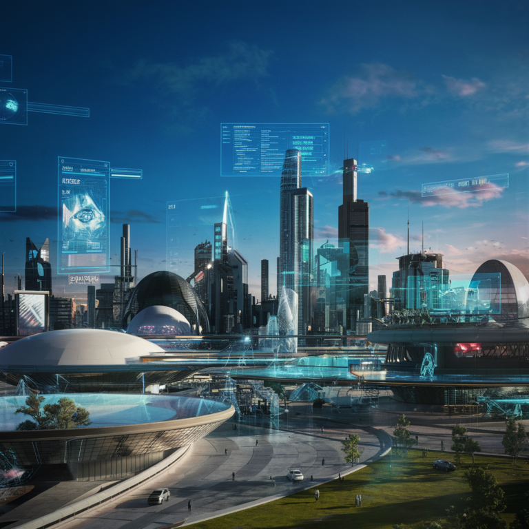 Futuristic cityscape with digital elements, representing the future of SEO and technology in SaaS platforms.