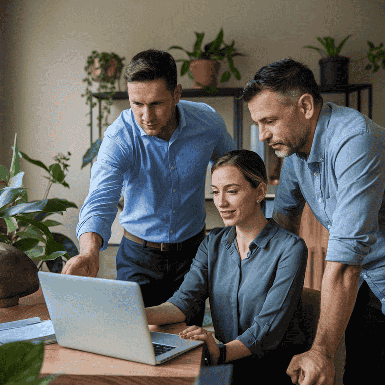 A team of professionals reviewing and validating digital content on a laptop screen.