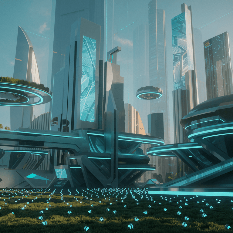 A futuristic cityscape with digital elements representing the future of AI and site architecture.