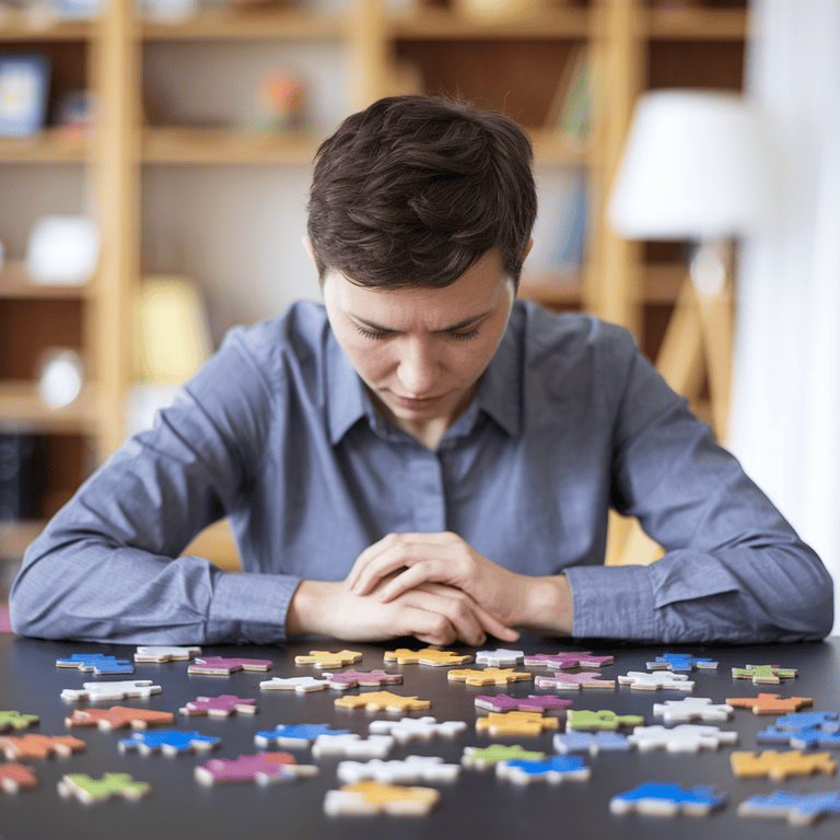 A person attempting to piece together puzzle pieces, each symbolizing different languages and cultures, representing the challenges of AI localization.