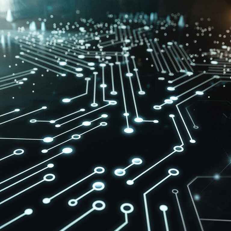 AI-driven technical SEO optimization represented by a digital network with glowing nodes and connections.