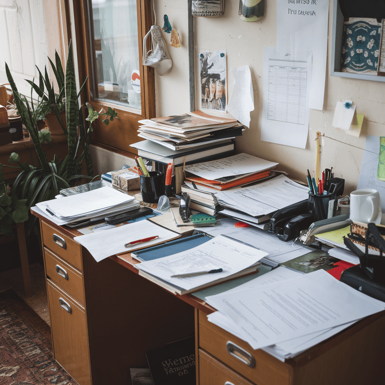 A cluttered desk with scattered papers, symbolizing the chaos caused by internal linking mistakes.