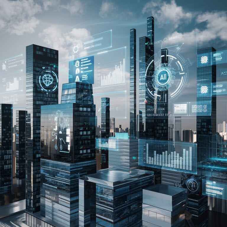 Futuristic cityscape with digital data streams and AI icons symbolizing future trends in AI for SaaS SEO.