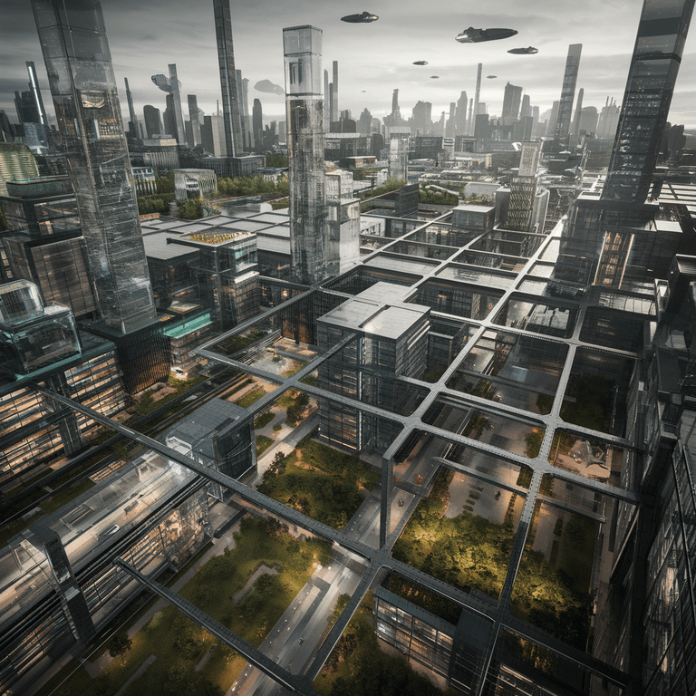 A futuristic cityscape representing the evolving potential of AI in accessibility, with interconnected technology and progress.