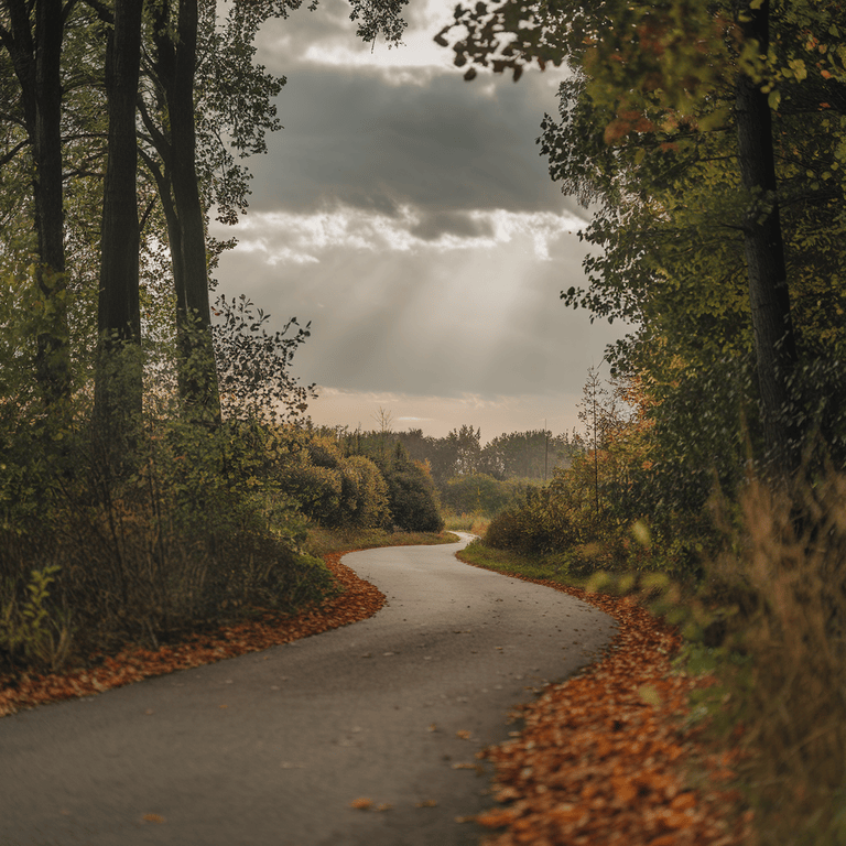 A winding path through a forest, with signs pointing to different destinations, symbolizing internal link optimization.