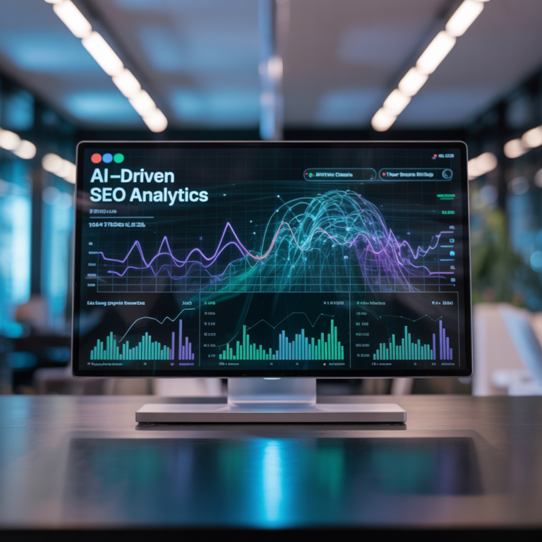 AI-driven SEO analytics dashboard showing data and performance graphs