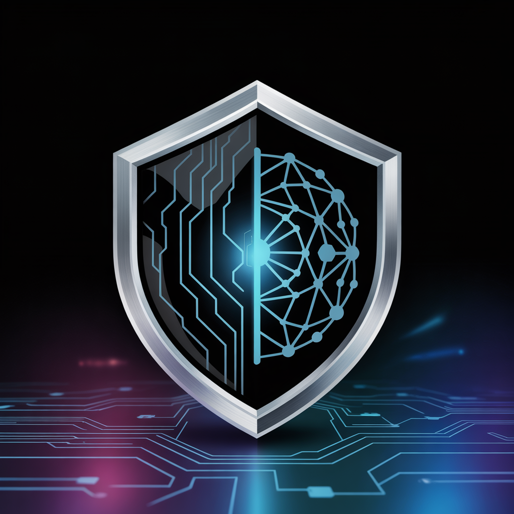 Digital shield icon overlaid with AI network visuals representing trustworthiness and security in technology.