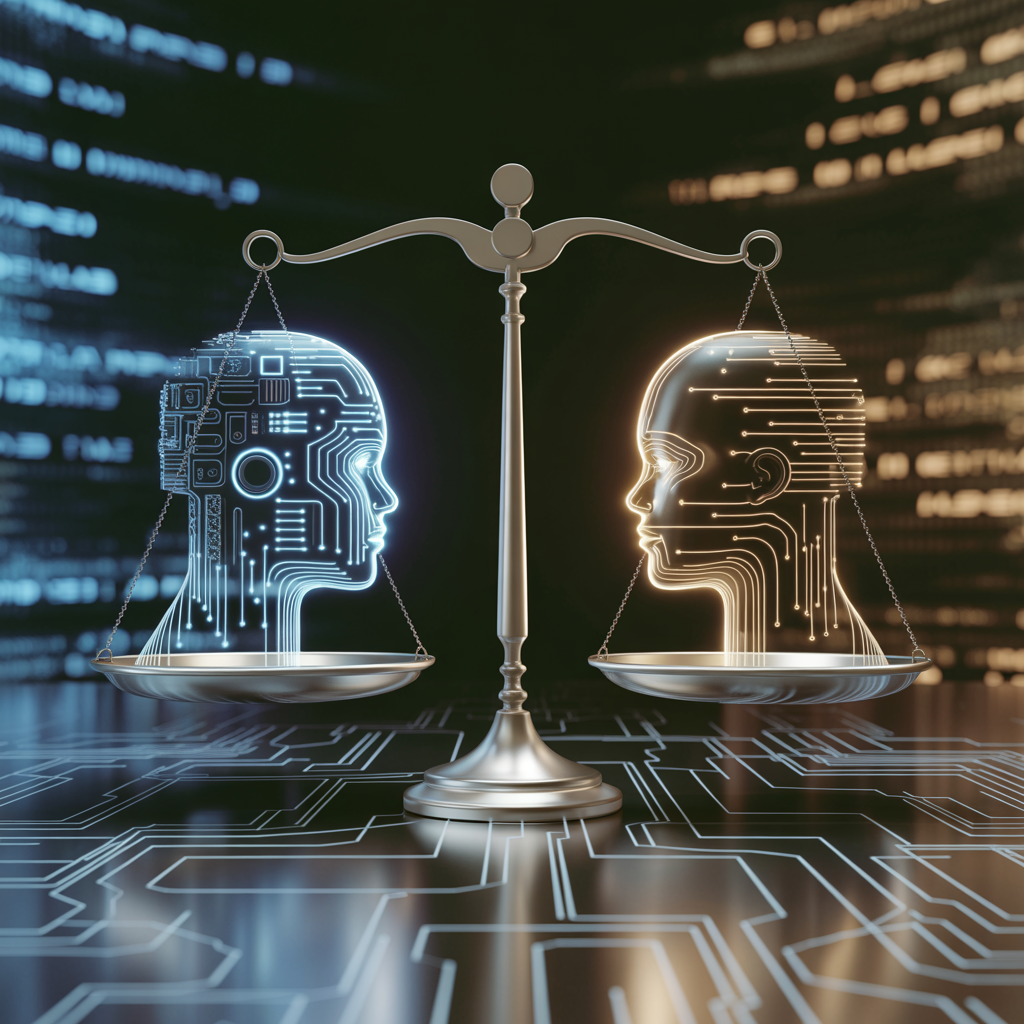 A digital scale balancing AI and human elements to represent content credibility challenges.