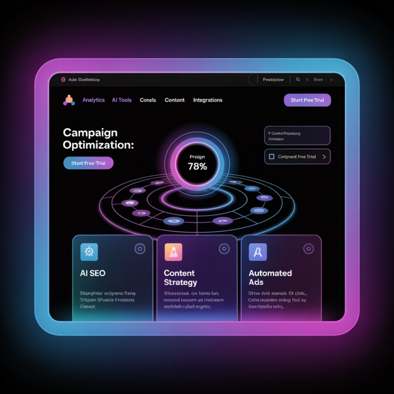 Futuristic digital interface with icons for AI, SEO, and content strategy glowing on a dark background.