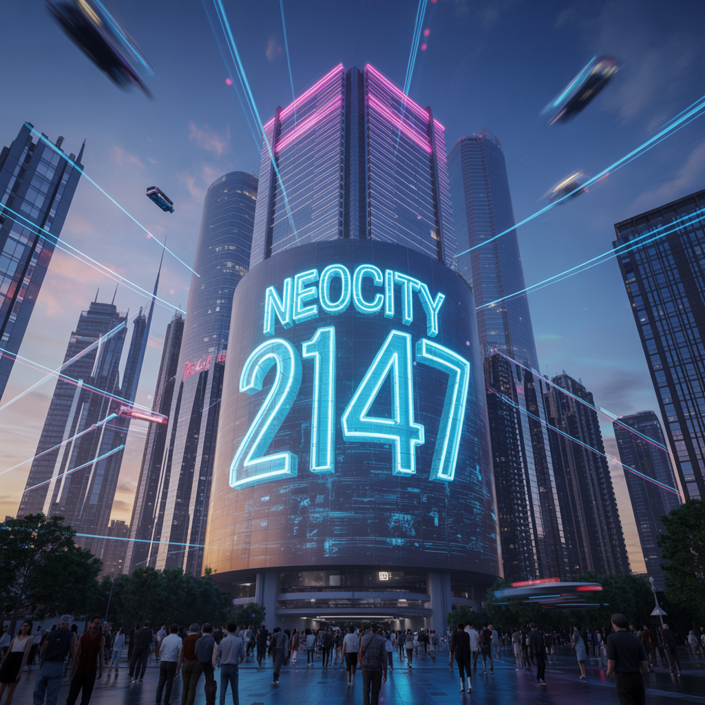 Futuristic cityscape featuring digital augmented reality overlays demonstrating AR technology