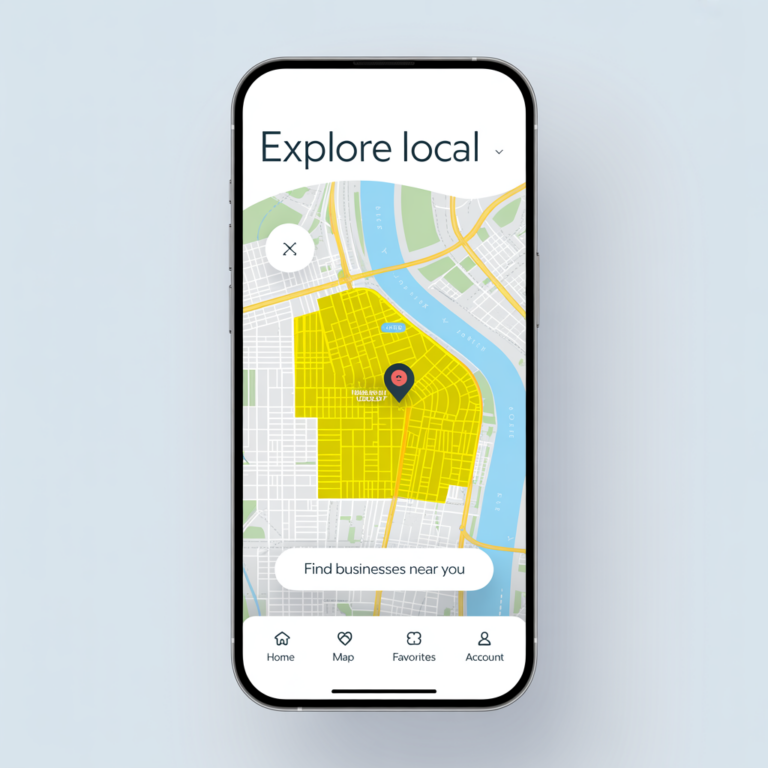 Smartphone displaying a digital map with a highlighted 1-mile radius geofence around a business.