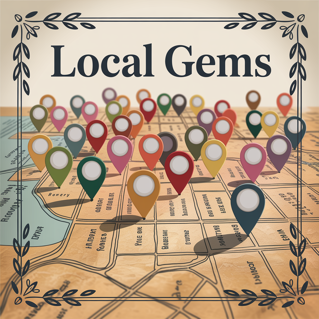 A close-up of a city neighborhood map with location pins marking several small businesses clustered within a tight area.