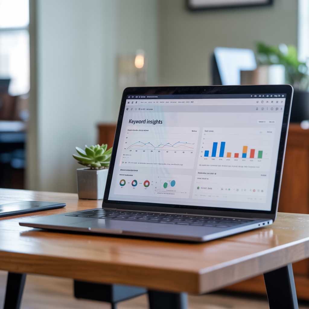 Laptop showing an SEO dashboard for backlink prospecting.