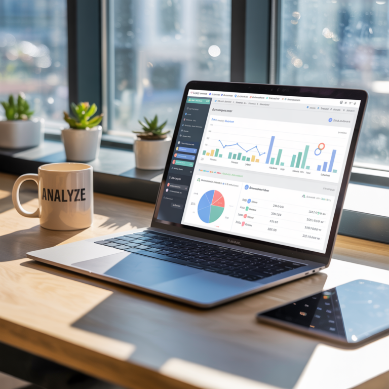 Laptop showing SEO analytics dashboard with charts in a modern workspace