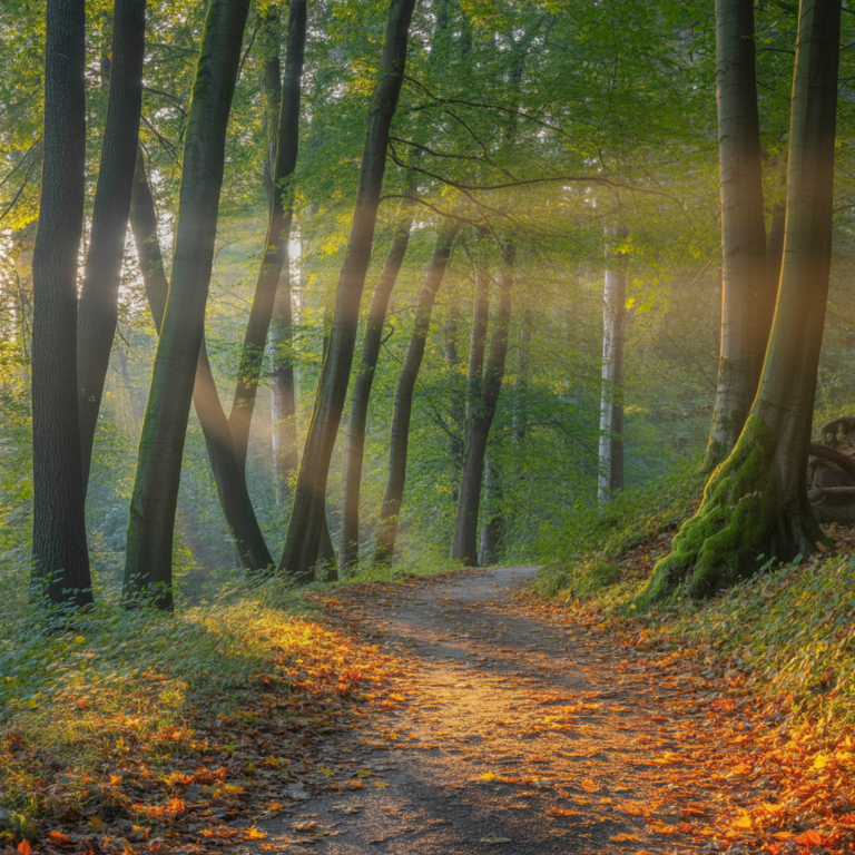 Sunlight streaming through a lush green forest, representing growth and clarity