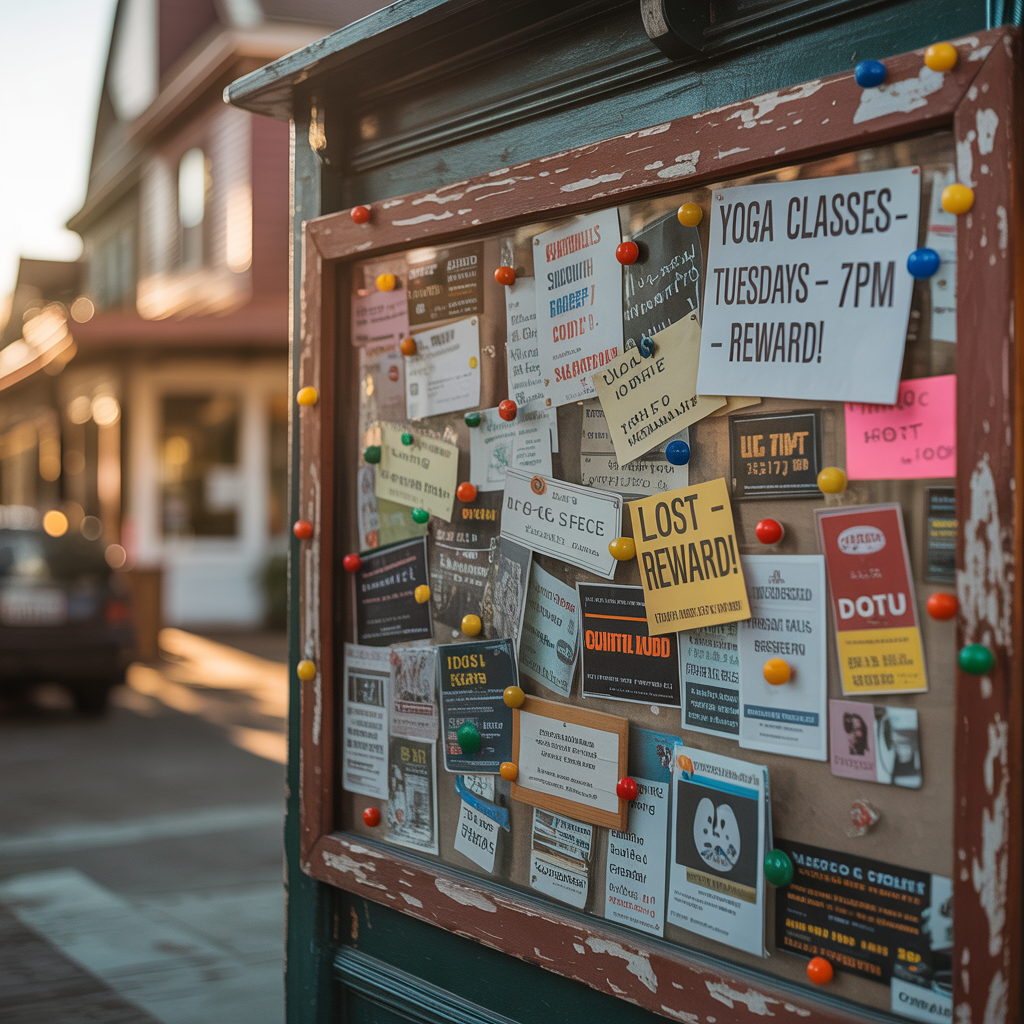 Community bulletin board showcasing local events and business promotions.