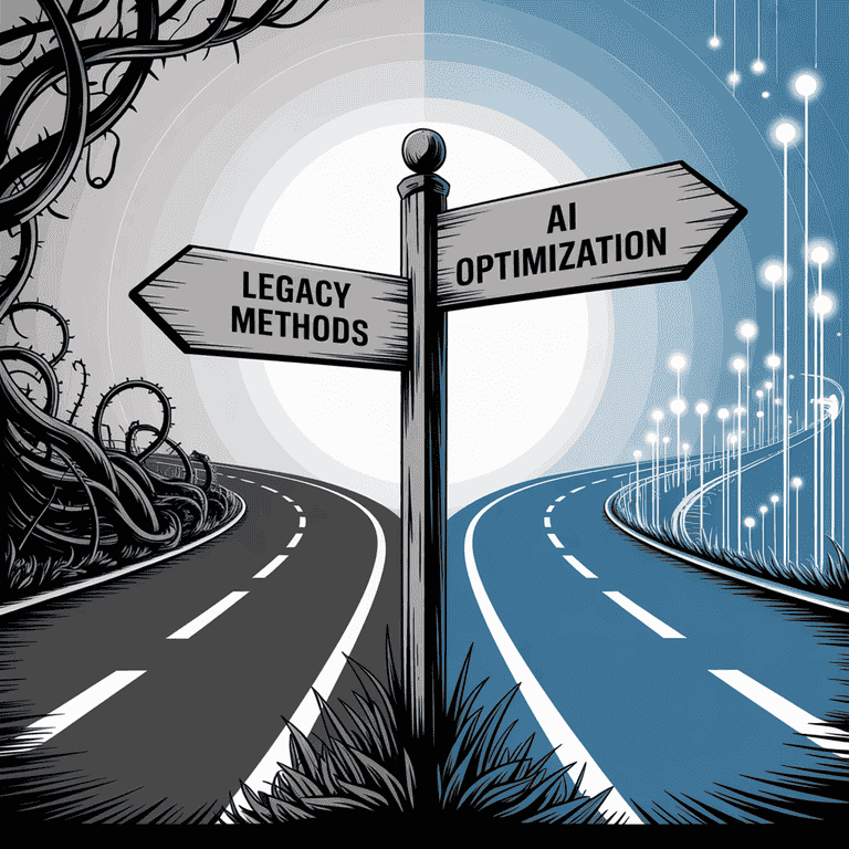 Split path showing a cluttered route versus a clear one, symbolizing AI decision-making