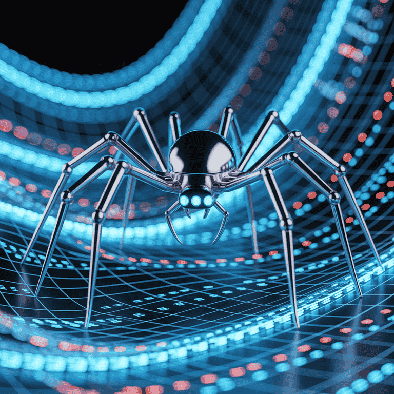 AI-powered web crawler navigating a digital network