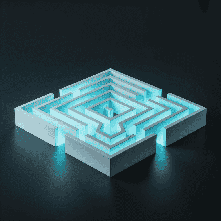 Glowing optimized path through a structured digital maze representing crawl efficiency