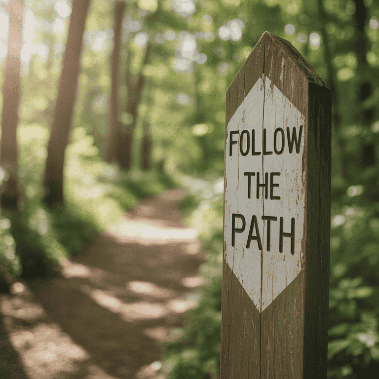 Trail marker pointing toward a clear path in a natural landscape