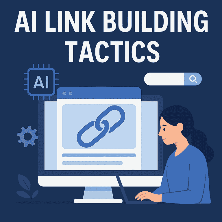 Illustration of AI-powered link building using digital tools and data visualization