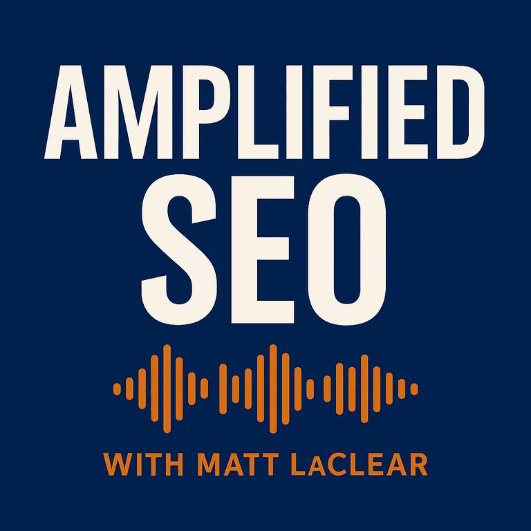 Amplified SEO podcast cover featuring bold white text and orange soundwave on dark blue background