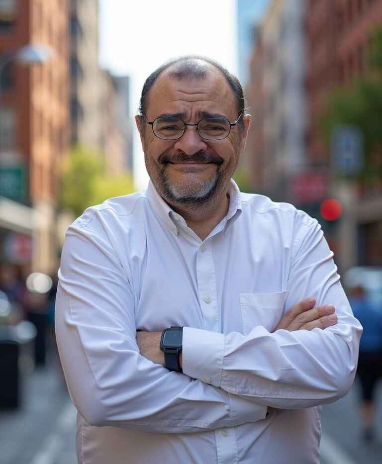 Middle-aged man in white shirt smiling with arms crossed on a city street