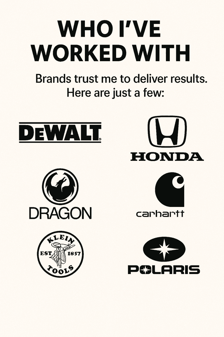 Grid of brand logos including DeWalt, Honda, Carhartt, Klein Tools, and Polaris