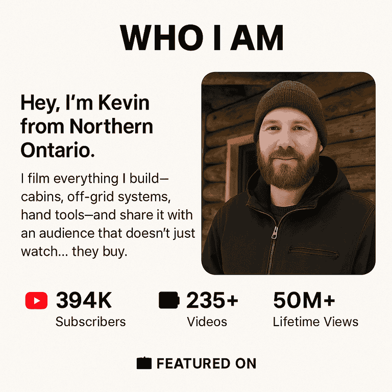 Bearded man in front of a rustic log cabin with personal bio and YouTube stats