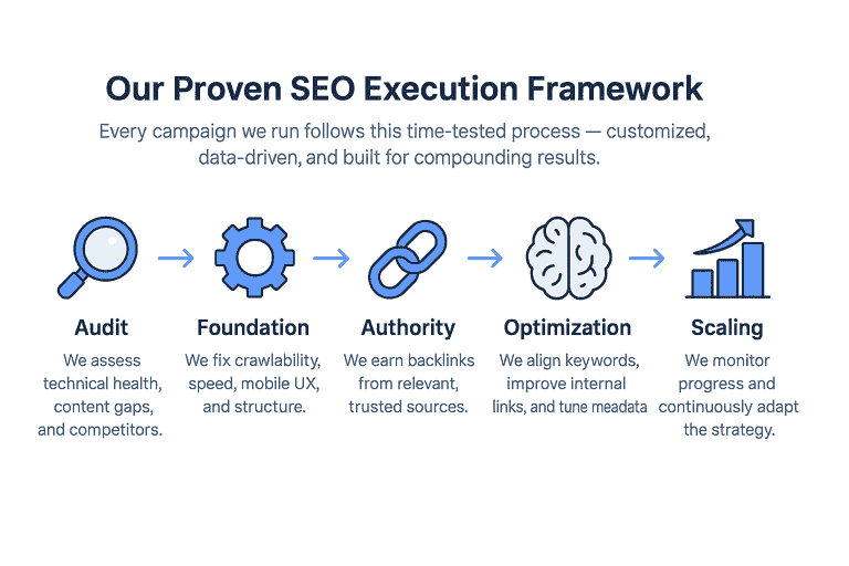 Infographic showing five-step SEO execution framework: Audit, Foundation, Authority, Optimization, Scaling