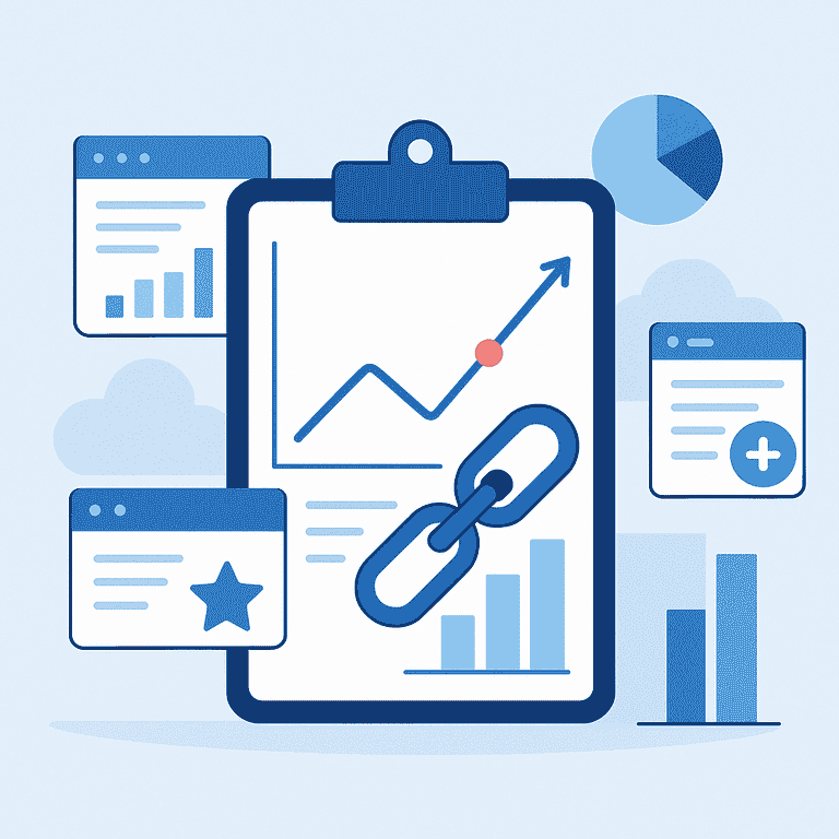 Illustration of SEO link building strategy with charts and website icons