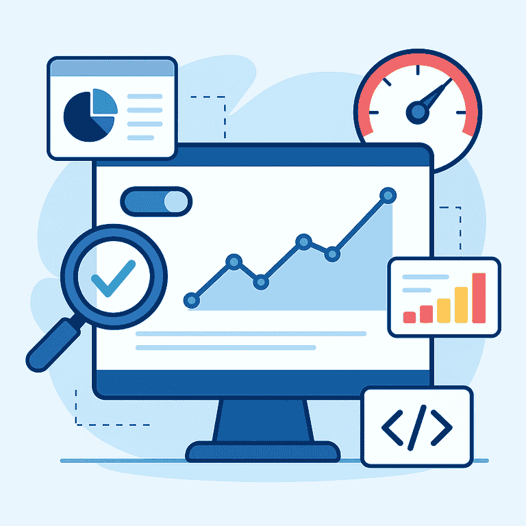 Illustration of technical SEO improvements with graphs and diagnostics
